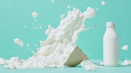 Bright product shot with carton beside milk bottle and dairy splashesの素材