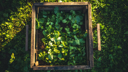 Composting leaves and grass clippings in a backyard sustainability setupの素材