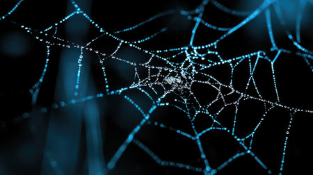 Detailed spider web pattern stretched across glass corners in a low-light tankの素材