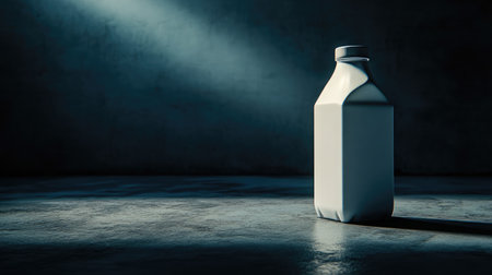 Isolated product shot of unbranded milk carton under strong spotlightの素材