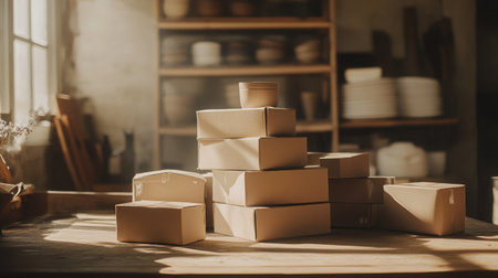 Group of plain cartons under soft natural light in a country kitchenの素材