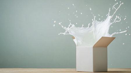 Milk carton falling into milk splash frozen in motion on plain backgroundの素材
