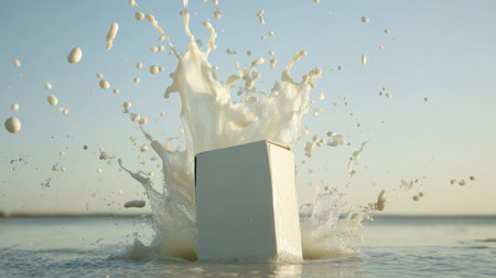 Milk carton falling into milk splash frozen in motion on plain backgroundの素材