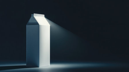 Isolated product shot of unbranded milk carton under strong spotlightの素材