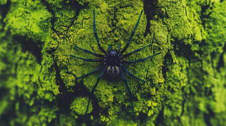 Enclosure with vibrant green moss, bark textures, and a calm spider positioned centrallyの素材