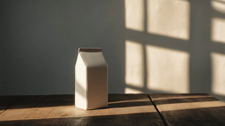 Minimalist blank milk carton placed on a rustic wooden table with natural morning light casting shadowsの素材