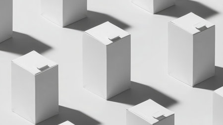 Multiple blank cartons of milk aligned in a symmetrical row with soft shadow play on the surfaceの素材