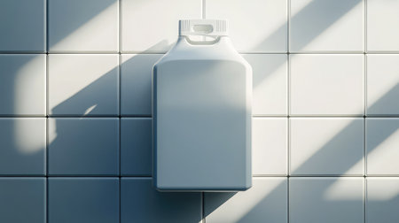 Top view of unbranded milk carton in the center of white kitchen tilesの素材