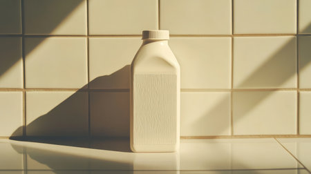 Side-lit milk carton in front of modern tiled kitchen backsplashの素材