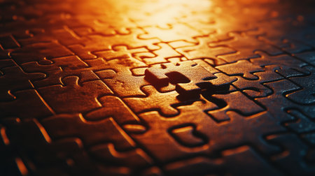 A high-detail image of a puzzle piece aligned with the corner of a nearly completed square puzzleの素材