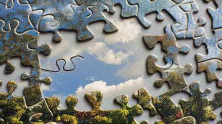 A perfectly cut puzzle piece matching a nature-themed jigsaw, surrounded by trees and sky imageryの素材