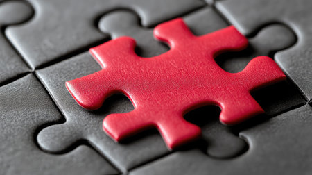 A bright red puzzle piece locking into a gray puzzle grid, representing contrast and unityの素材