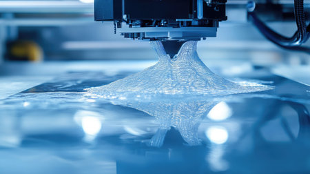 Close-up of a D printer creating a detailed plastic model on its heated platformの素材