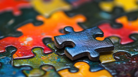 Final puzzle piece inserted into a complex geometric puzzle with vivid colors and sharp edgesの素材