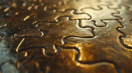 A jigsaw puzzle with metallic textures, the final chrome piece settling into the empty slotの素材