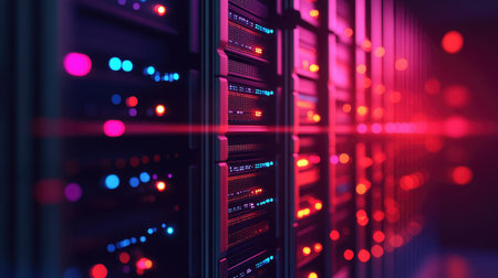High-tech data server rack inside a climate-controlled data center glowing with LEDsの素材