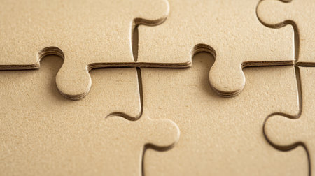 Close-up of cardboard puzzle pieces in minimalist beige tones, last one inserted seamlesslyの素材