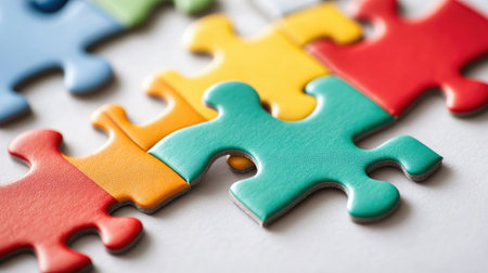 Close-up of a puzzle piece being aligned with the final space in a colorful jigsaw puzzle on a white surfaceの素材