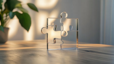 A D puzzle piece aligning with a multi-layer puzzle made of transparent acrylicの素材