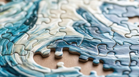 Final puzzle piece with ocean wave art locks into a puzzle featuring marine scenesの素材