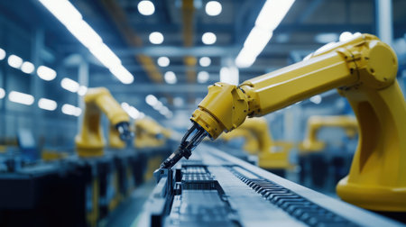 Industrial robotic arm assembling components on a production line in an auto factoryの素材