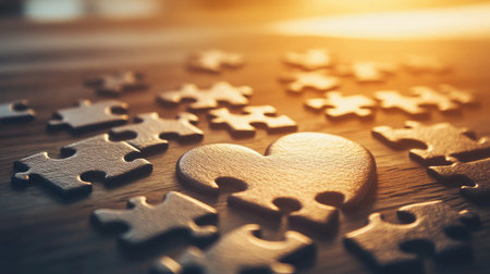 Final puzzle piece connects with a heart-shaped puzzle, forming a symbolic image of love and unityの素材