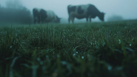 Multiple cows eating grass on a foggy morning with dew on the bladesの素材