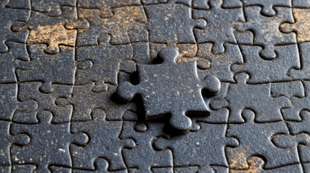 A single puzzle piece clicks perfectly into place in a nearly completed jigsaw, symbolizing precision and completionの素材
