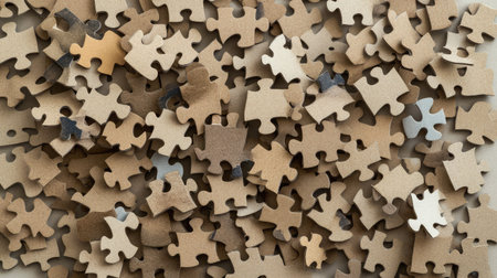 Close-up of cardboard puzzle pieces in minimalist beige tones, last one inserted seamlesslyの素材