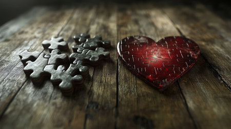 Final puzzle piece connects with a heart-shaped puzzle, forming a symbolic image of love and unityの素材