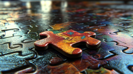 Last piece of a colorful puzzle fitting cleanly into its place on a glossy tabletopの素材