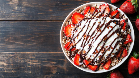 Bowl of puffed rice cereal with milk drizzled on top, surrounded by fresh strawberriesの素材