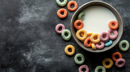 Cereal rings arranged in a perfect circle around a bowl filled with milkの素材