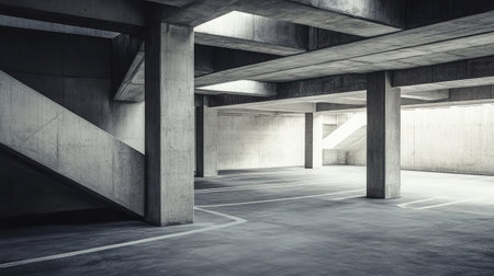 Interior of a concrete parking structure with empty ramps and stairwells for movementの素材
