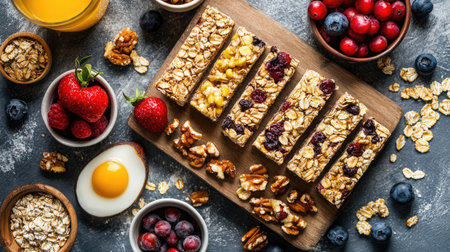 Ingredients used for homemade cereal bars scattered across a wooden boardの素材