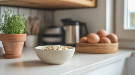 Minimalist white kitchen counter with plain oats in a bowl beside fresh ingredientsの素材