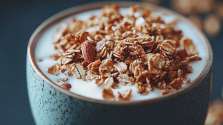 Macro shot of milk soaking into granola mix, highlighting crispy texturesの素材