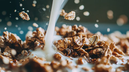 Macro shot of milk soaking into granola mix, highlighting crispy texturesの素材