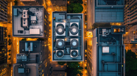 Rooftop view with narrow ledges and HVAC units arranged like a path for parkour maneuversの素材