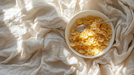 Top-down cereal breakfast with spoon and napkin in a cozy setting with neutral tonesの素材
