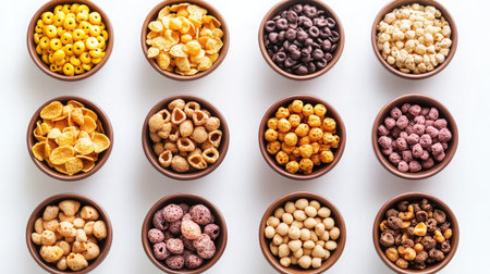 Top-down view of assorted cereal types in small bowls arranged in a neat grid on white backgroundの素材