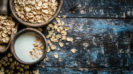 Spilled cereal on a rustic table with a bowl half-full of milk and flakesの素材