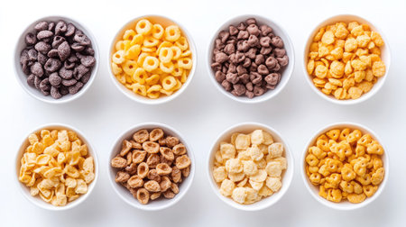 Top-down view of assorted cereal types in small bowls arranged in a neat grid on white backgroundの素材