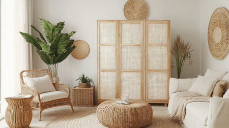 Woven bamboo screen placed in boho-style lounge with neutral-toned furniture and plantsの素材