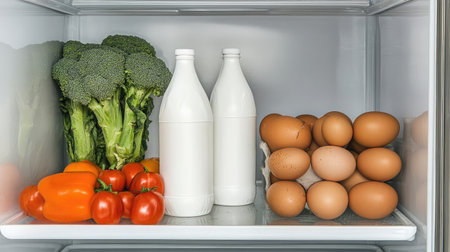 Blank milk carton in fridge shelf next to vegetables and eggsの素材