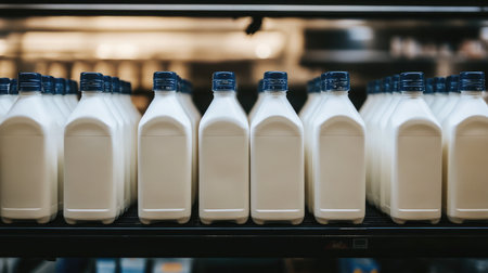 A row of identical milk cartons without labels arranged neatly on a supermarket shelfの素材