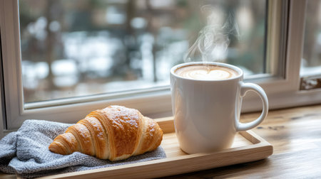 Blank milk carton beside a steaming mug of coffee and a croissant on a morning trayの素材