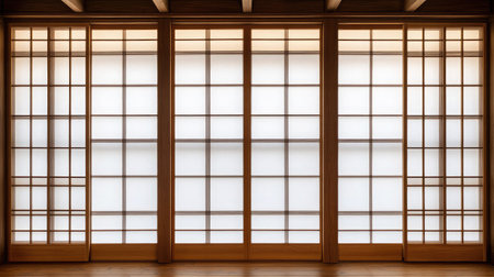 Japanese-style shoji screen with paper panels filters soft natural light in traditional tatami roomの素材