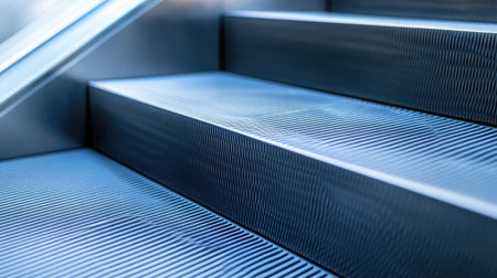 Close-up of escalator steps and grooved metal texture with soft shadowsの素材