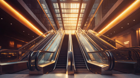 Architectural shot of escalator under skylight with dramatic light beamsの素材